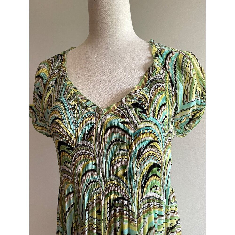Melissa Paige Smocked Puff Sleeve Dress Womens L Green Print Lined Flowy - Picture 2 of 8